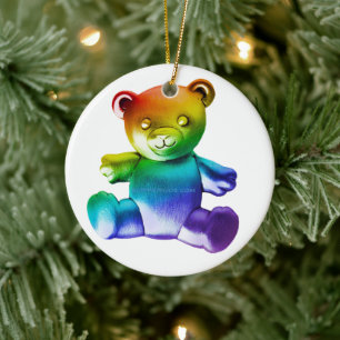 SlipperyJoe's brushed metal teddy bear rainbow gra Ceramic Ornament