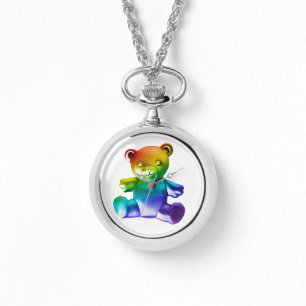 SlipperyJoe's brushed metal teddy bear rainbow gra Watch