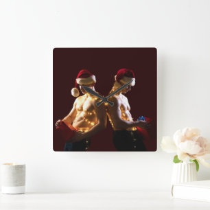 SlipperyJoe's Christmas shirtless men holiday ligh Square Wall Clock
