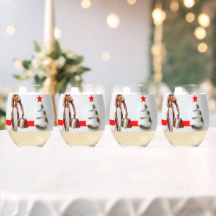 SlipperyJoe's Christmas shopping white paper spira Stemless Wine Glass