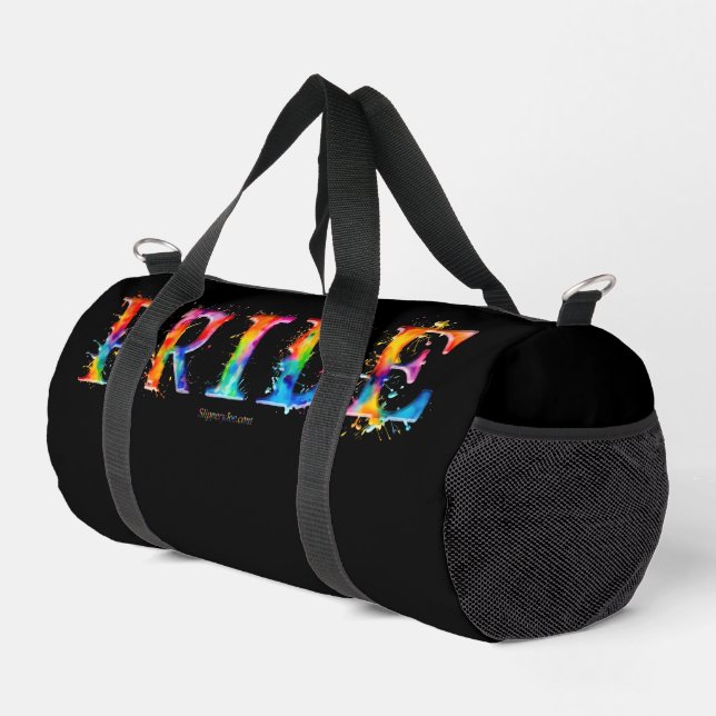 SlipperyJoe's colourful creative Pride-themed text Duffle Bag (Right Corner)