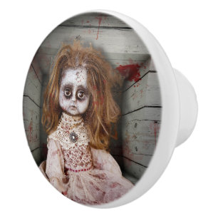 SlipperyJoe's creepy doll pale face creepy blood d Ceramic Knob