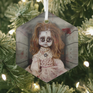 SlipperyJoe's creepy doll pale face creepy blood d Glass Tree Decoration
