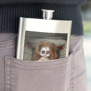 SlipperyJoe's creepy doll pale face creepy blood d Hip Flask