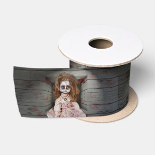 SlipperyJoe's creepy doll pale face creepy blood d Satin Ribbon