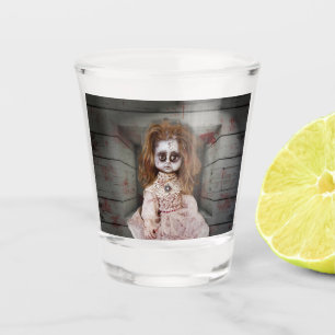 SlipperyJoe's creepy doll pale face creepy blood d Shot Glass
