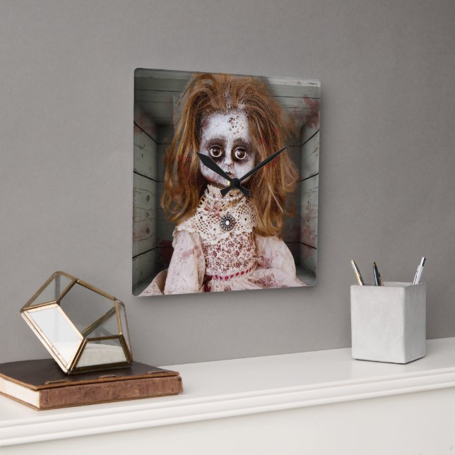 SlipperyJoe's creepy doll pale face creepy blood d Square Wall Clock (Office)