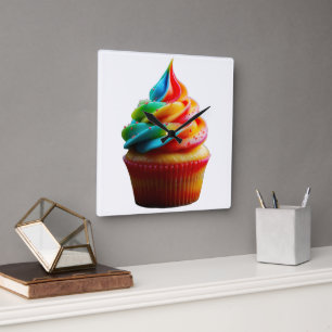 SlipperyJoe's dazzling rainbow cupcake swirled fro Square Wall Clock