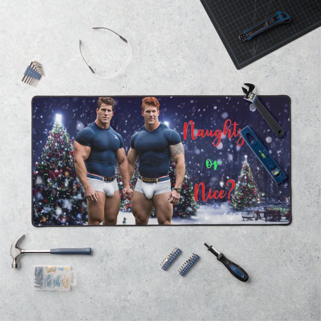 SlipperyJoe's decorated snow-covered Christmas tre Desk Mat (Workstation)