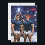 SlipperyJoe's decorated snow-covered Christmas tre Holiday Card<br><div class="desc">SlipperyJoe's decorated snow-covered Christmas trees holiday colourful vibrant string lights twins muscular men chest sexy abs six-pack stomach snowy festive beautiful winter wonderland falling white snowflakes LGBTQIA artistic tight navy blue shirts gay pride gifts white briefs Naughty Nice lights ornaments red green letters</div>