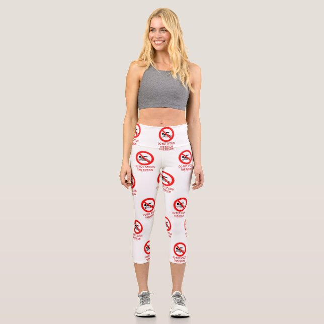 SlipperyJoe's Do Not Spoon Bacon red warning man s Capri Leggings (Front)