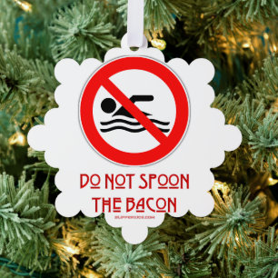 SlipperyJoe's Do Not Spoon Bacon red warning man s Tree Decoration Card