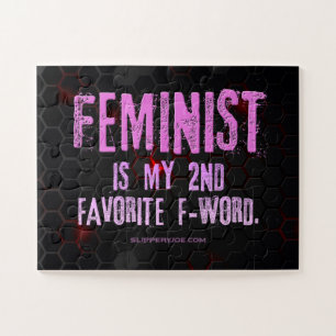 SlipperyJoe's Feminist f-word glowing red 3-D blac Jigsaw Puzzle