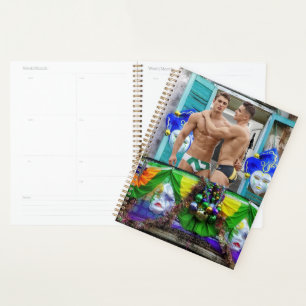 SlipperyJoe's festive Mardi Gras scene two men wea Planner