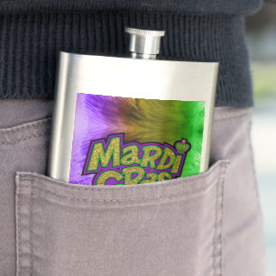 SlipperyJoe's festive Mardi Gras theme crown reinf Hip Flask