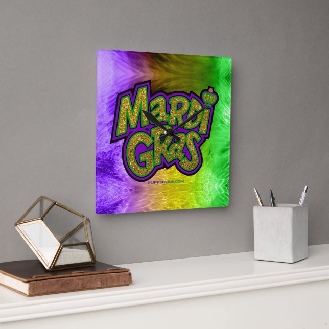 SlipperyJoe's festive Mardi Gras theme crown reinf Square Wall Clock (Office)