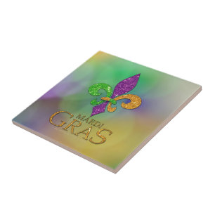 SlipperyJoe's festive Mardi Gras themed purple gre Ceramic Tile