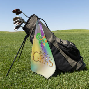 SlipperyJoe's festive Mardi Gras themed purple gre Golf Towel