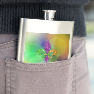 SlipperyJoe's festive Mardi Gras themed purple gre Hip Flask