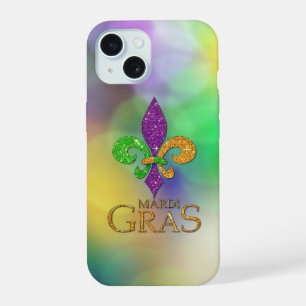 SlipperyJoe's festive Mardi Gras themed purple gre iPhone 15 Case