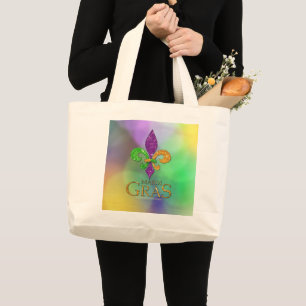SlipperyJoe's festive Mardi Gras themed purple gre Large Tote Bag