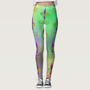 SlipperyJoe's festive Mardi Gras themed purple gre Leggings