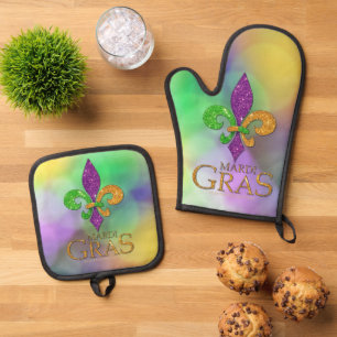 SlipperyJoe's festive Mardi Gras themed purple gre Oven Mitt & Pot Holder Set