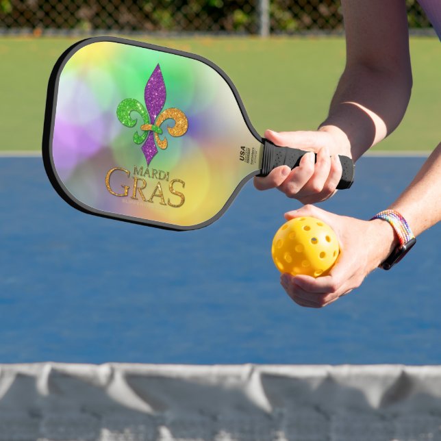 SlipperyJoe's festive Mardi Gras themed purple gre Pickleball Paddle (Insitu)