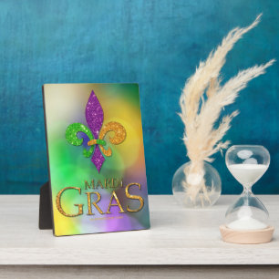 SlipperyJoe's festive Mardi Gras themed purple gre Plaque