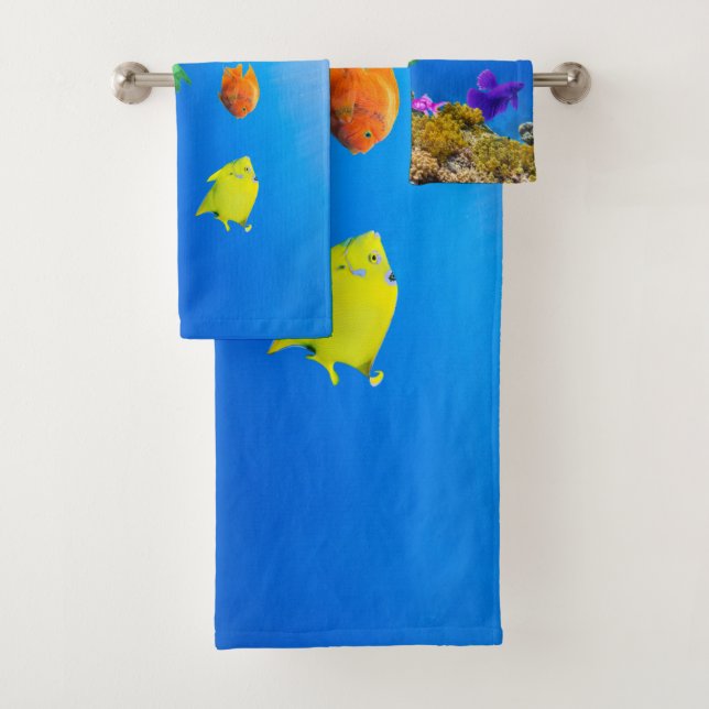 SlipperyJoe's Fish Pride tropical green blue purpl Bath Towel Set (Insitu)
