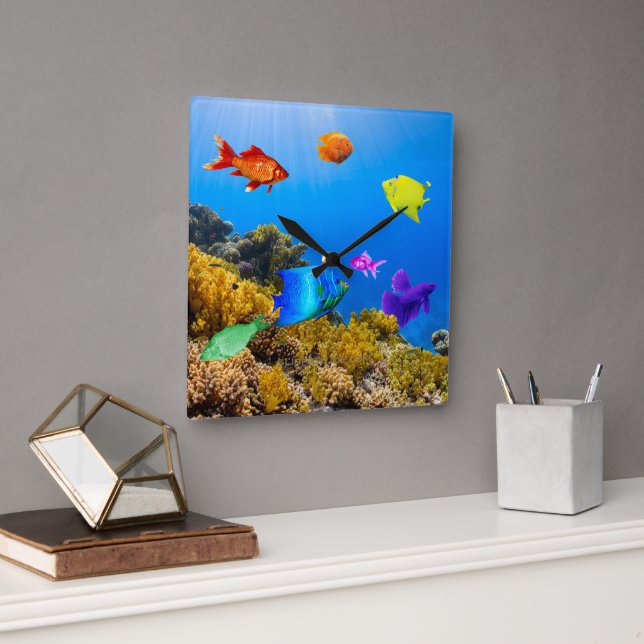 SlipperyJoe's Fish Pride tropical green blue purpl Square Wall Clock (Office)