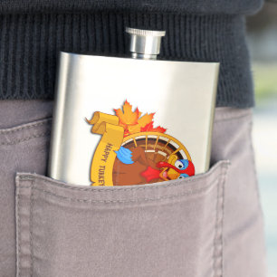 SlipperyJoe's fun cartoon-style Thanksgiving desig Hip Flask