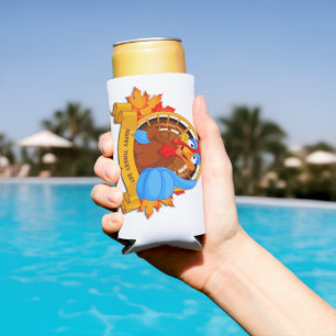SlipperyJoe's fun cartoon-style Thanksgiving desig Seltzer Can Cooler