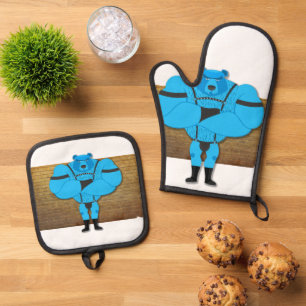 SlipperyJoe's gay muscle bear cartoon thong leathe Oven Mitt & Pot Holder Set
