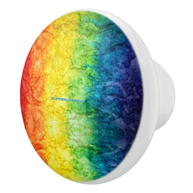 SlipperyJoe's gay pride flag rainbow colours tie-d Ceramic Knob (Right)