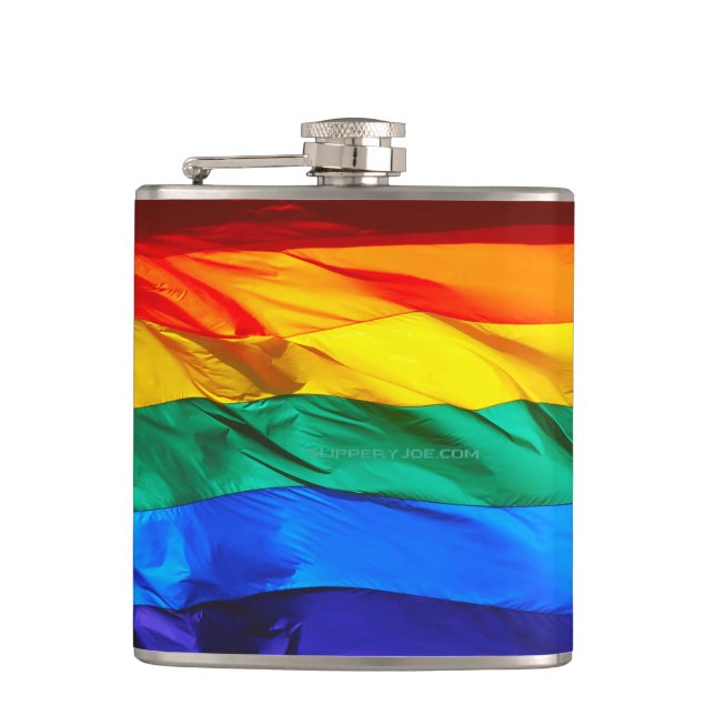 SlipperyJoe's gay pride flag waving pride colours  Hip Flask (Front)