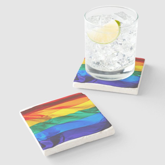 SlipperyJoe's gay pride flag waving pride colours  Stone Coaster (Side)
