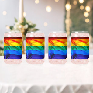 SlipperyJoe's gay pride flag waving red orange yel Can Glass