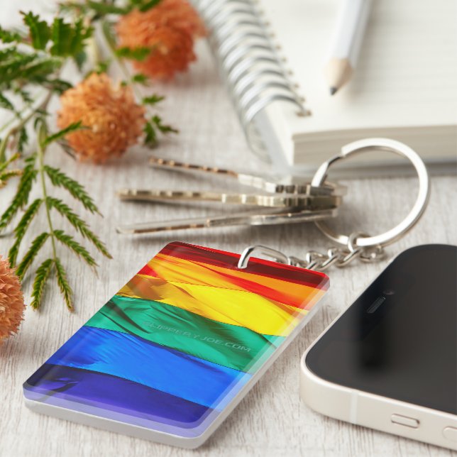 SlipperyJoe's gay pride flag waving red orange yel Key Ring (Front Right)