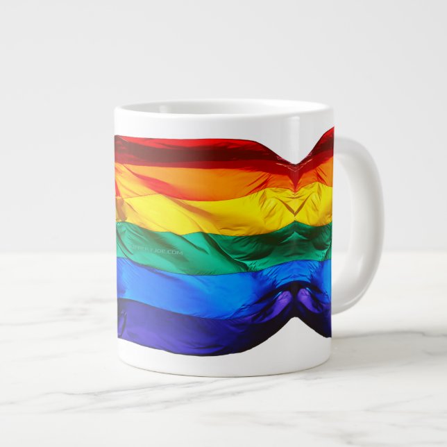 SlipperyJoe's gay pride flag waving red orange yel Large Coffee Mug (Front Right)