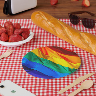 SlipperyJoe's gay pride flag waving red orange yel Paper Plate