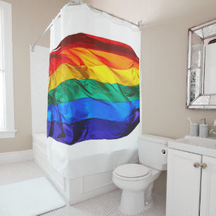SlipperyJoe's gay pride flag waving red orange yel Shower Curtain