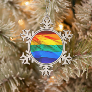 SlipperyJoe's gay pride flag waving red orange yel Snowflake Pewter Christmas Ornament