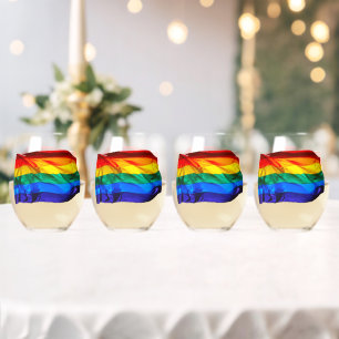 SlipperyJoe's gay pride flag waving red orange yel Stemless Wine Glass