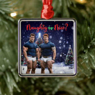 SlipperyJoe's glowing Christmas trees two muscular Metal Ornament