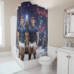SlipperyJoe's glowing Christmas trees two muscular Shower Curtain