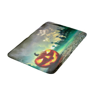 SlipperyJoe's glowing jack‑o’-lantern Halloween wa Bath Mat