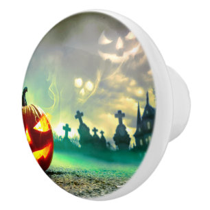 SlipperyJoe's glowing jack‑o’-lantern Halloween wa Ceramic Knob