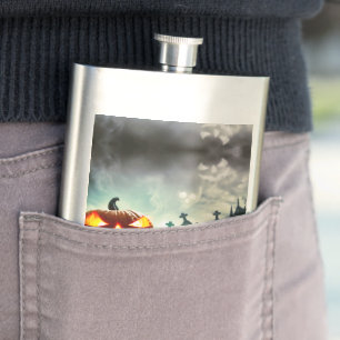 SlipperyJoe's glowing jack‑o’-lantern Halloween wa Hip Flask
