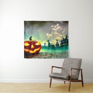 SlipperyJoe's glowing jack‑o’-lantern Halloween wa Tapestry